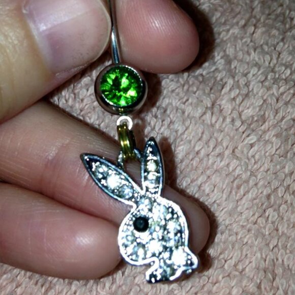 Clear Rhinestone Play boy-looking Bunny Dangle Belly Ring - Picture 2 of 9